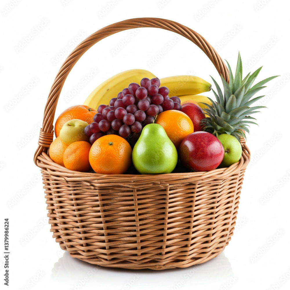 fresh fruit in wicker basket on white background fresh fruit in wicker basket on white background