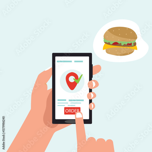 Customer's hand holding smartphone and ordering  burger online from restaurant. people buying  burger online. online  burger delivery. vector illustration.
