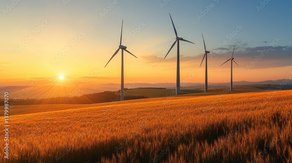 Obraz premium Wind turbines stand tall against a vibrant sunset, surrounded by rippling golden fields. The scene captures the essence of renewable energy in a tranquil rural setting