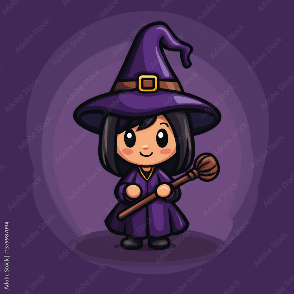 Cute Little Witch in Purple Cloak with a Flying Broom Mascot Art Cute Little Witch in Purple Cloak with a Flying Broom Mascot Art