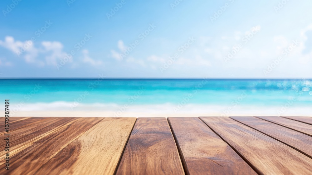 Fototapeta premium A wooden deck extends towards a serene beach, with gentle waves lapping at the shore. The sky is clear and blue, highlighting the tranquil atmosphere ideal for relaxation