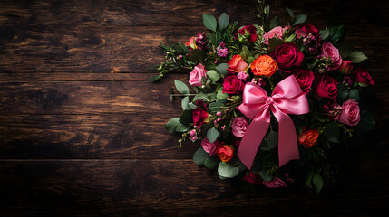 Overhead view of a lush wreath or bouquet of red, pink, orange roses and eucalyptus on dark wood, tied with pink bow, copy space left