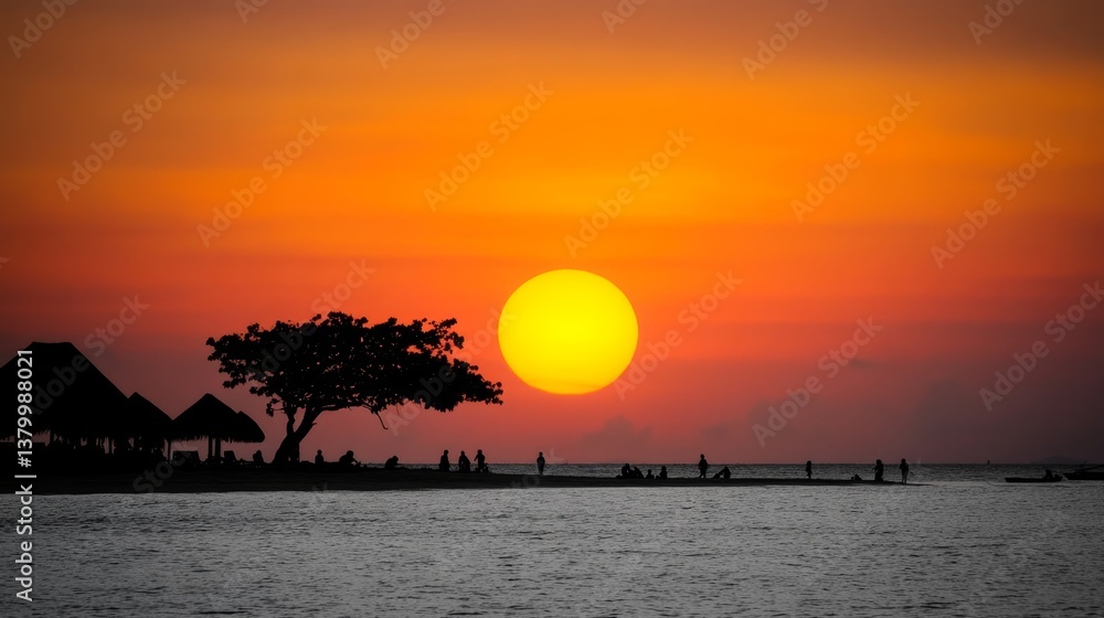Majestic Sunset over Tranquil Beach with Silhouette of Tree Majestic Sunset over Tranquil Beach with Silhouette of Tree