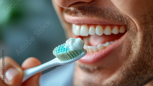 Closeup of a person brushing their teeth with an electric toothbrush in the bathroom reflecting in the mirror  Dental hygiene and morning routine concept