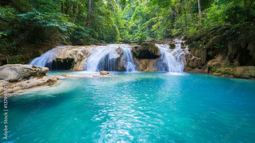 Fototapeta premium Serene Waterfall Oasis in Lush Green Jungle with Crystal Clear Pool