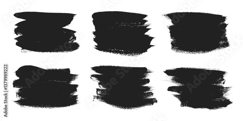 Grunge brush strokes black paint smear texture stain vector illustration set. Dry dirty calligraphy brush splashes high detail texture abstract shapes element splatters.