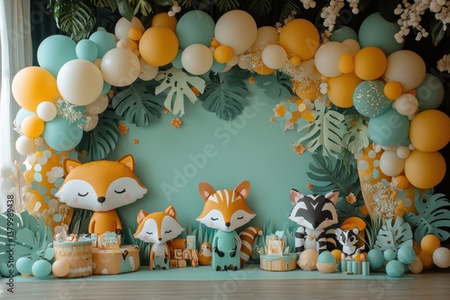 Playful Foxes and Festive Decorations. An enchanting backdrop featuring adorable fox plush toys amidst colorful balloons and tropical leaves.