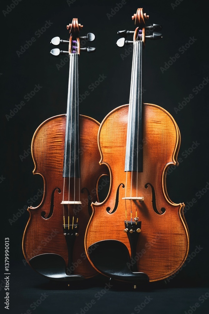Naklejka premium Two violins are standing next to each other on a black background. The violins are of different sizes and are made of wood. Concept of elegance and sophistication