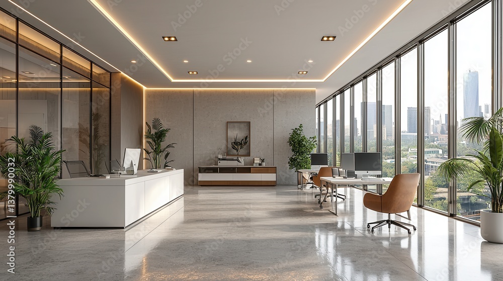 Spacious and Inviting Commercial Office Lobby with Sleek Glass Walls Minimalist Furniture and Lush Plant Decor Creating a Sophisticated and Professional Atmosphere for Business Clients and Visitors Spacious and Inviting Commercial Office Lobby with Sleek Glass Walls Minimalist Furniture and Lush Plant Decor Creating a Sophisticated and Professional Atmosphere for Business Clients and Visitors