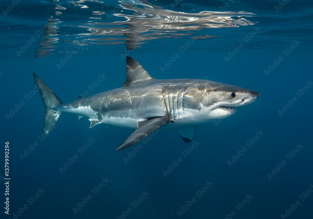 Fototapeta premium Majestic Great White Shark Swimming Underwater - Marine Life, Ocean Predator, Wildlife Photography.
