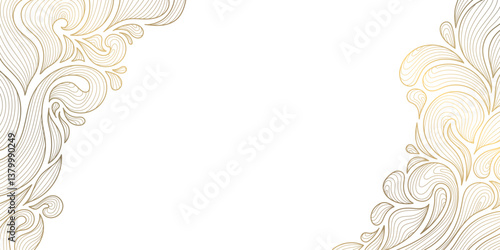 Vector gold line wavy leaves border, art deco luxury frame, floral abstract background. Luxury vintage card, wedding nature decoration, corner ornament