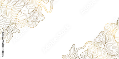 Vector gold line wavy leaves border, art deco luxury frame, floral abstract background. Luxury vintage card, wedding nature decoration, corner ornament