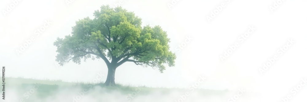 Fototapeta premium A single tree is partially shrouded in mist against a white background, isolated tree, serene scenery