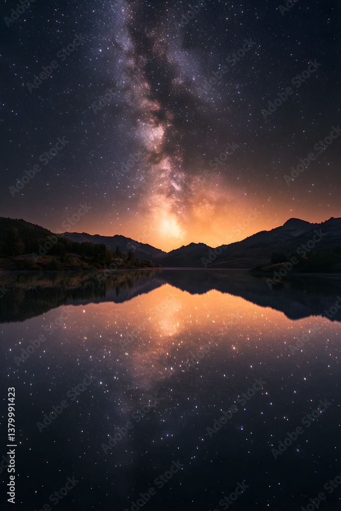 Fototapeta premium Ethereal Night: The Serene Dance of Starlight Across a Celestial Canvas