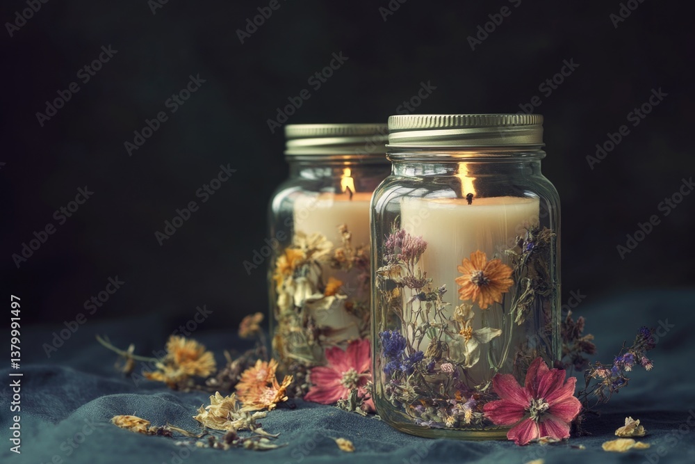 Two mason jars with candles inside and flowers on the outside. The jars are lit and the flowers are dried Two mason jars with candles inside and flowers on the outside. The jars are lit and the flowers are dried
