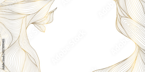 Vector gold line wavy leaves border, art deco luxury frame, floral abstract background. Luxury vintage card, wedding nature decoration, corner ornament