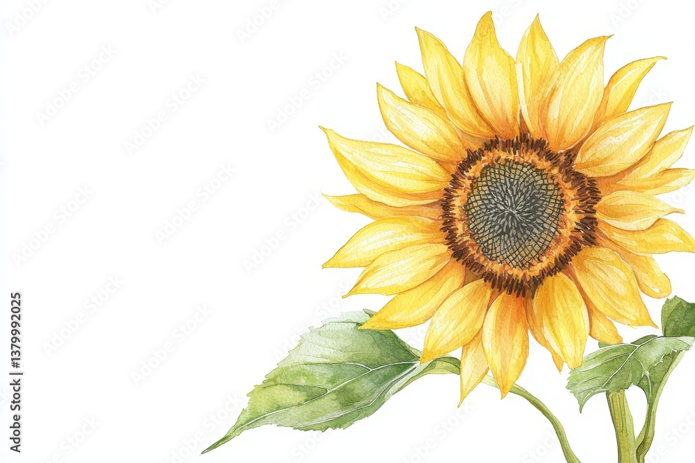 Obraz premium A detailed watercolor illustration of a sunflower with realistic strokes, suitable for art and design use.