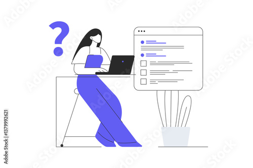 Online Survey and Rating. Character Filling Survey Form, giving Feedback and Writing Comments. User Experiences Concept. Flat Cartoon Vector Illustration, icon. Stylish abstract design web