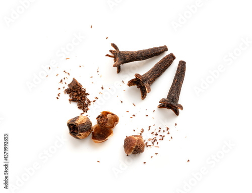 Wallpaper Mural Clove spice crumbled isolated. Macro broken dry carnation spicy buds, natural Indian clove pieces Torontodigital.ca