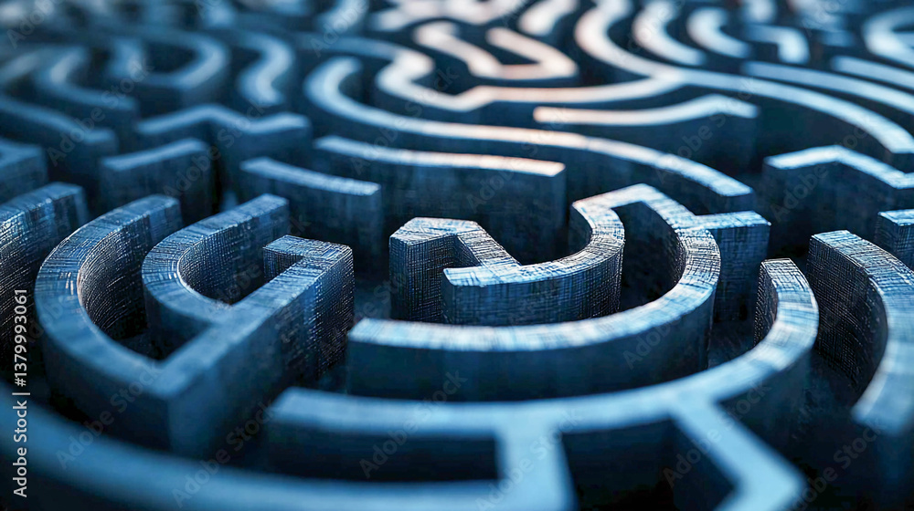 Close-up of a complex maze. The walls of the maze have a stone or metal texture in blue-gray tones. Close-up of a complex maze. The walls of the maze have a stone or metal texture in blue-gray tones.
