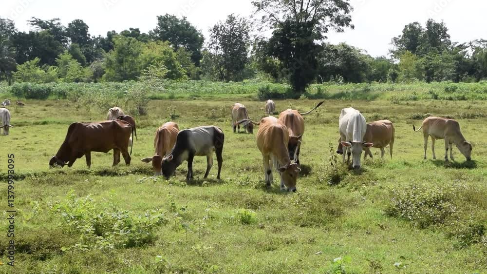 Cows Grazing in a Green Meadow on a Sunny Day Cows Grazing in a Green Meadow on a Sunny Day