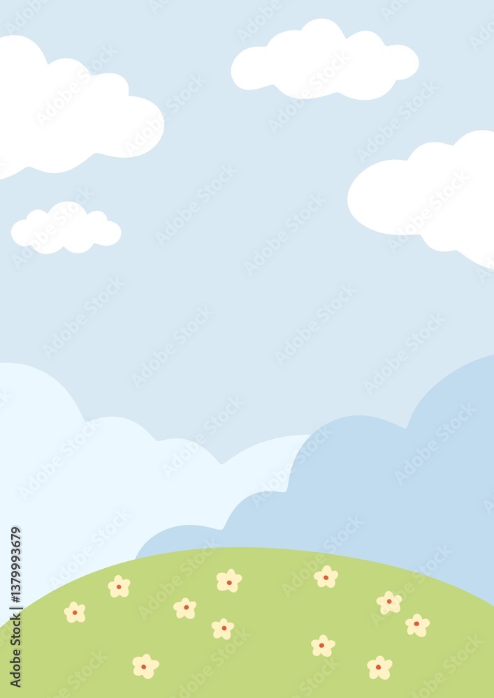 blue sky and cloud on sunny day with tiny flowers on field, paper template decoration, card background . blue sky and cloud on sunny day with tiny flowers on field, paper template decoration, card background .