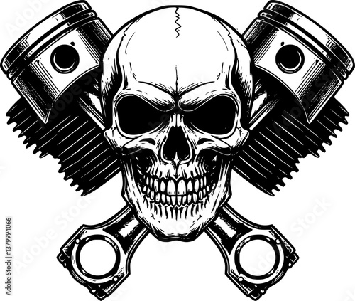 skull piston engraving black and white outline
