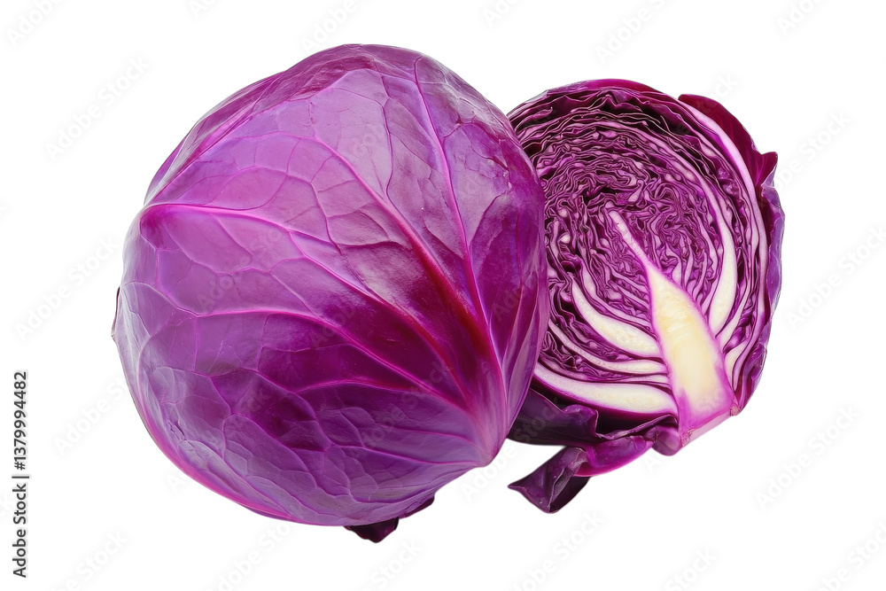 Obraz premium Vibrant purple cabbage half reveals intricate layers and textures on a clean white background