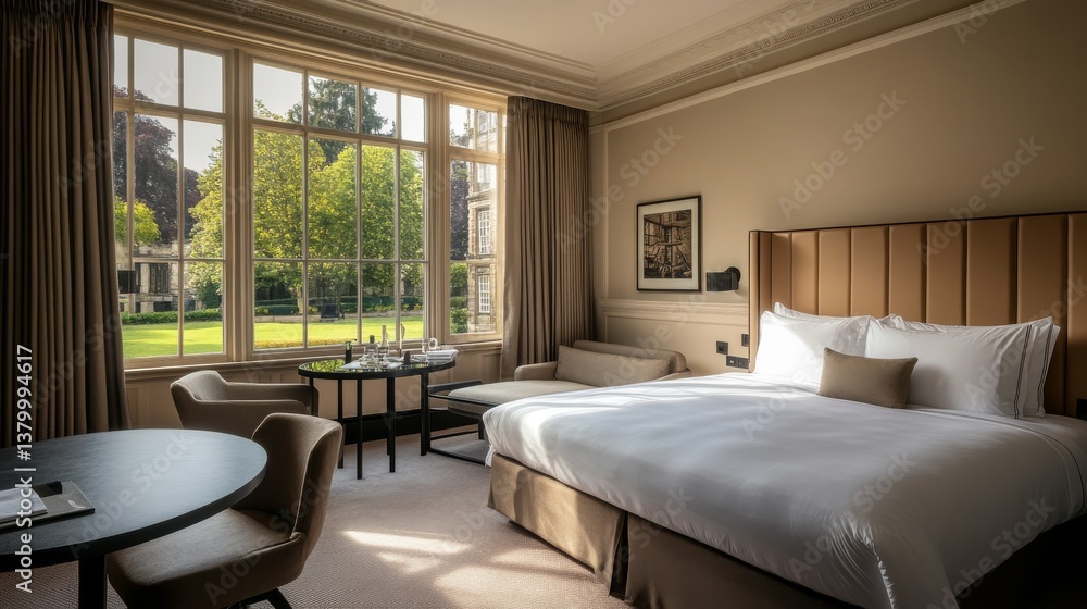 Naklejka premium Luxurious bedroom features a high beige leather headboard, soft natural light from large windows, and timeless decor, creating a serene atmosphere for relaxation