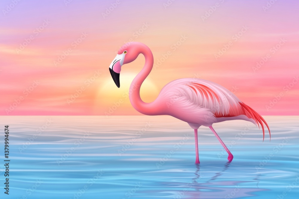 Fototapeta premium A minimalist illustration of a flamingo standing in clear Florida waters with a soft gradient sunset