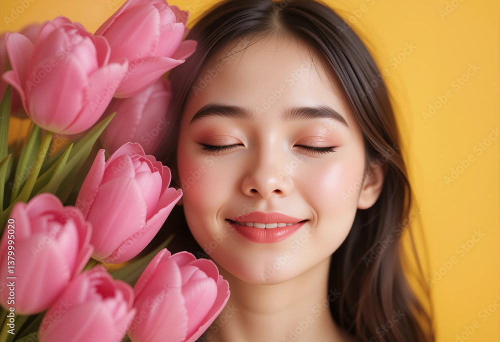 A woman is smiling and holding a bouquet of pink flowers. The flowers are arranged in a vase and are placed on a yellow background. The woman's expression is joyful and relaxed A woman is smiling and holding a bouquet of pink flowers. The flowers are arranged in a vase and are placed on a yellow background. The woman's expression is joyful and relaxed