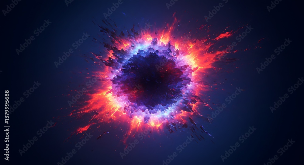 Fototapeta premium Crimson And Cobalt Collision A Fiery Celestial Dance Inferno Bloom Digital Nebula Cosmic Heartbeat Blaze Of Glory Neon Fusion Red Blue Energy Burst Chromatic Explosion AI Generated