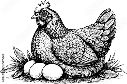 hen chicken egg engraving black and white outline

