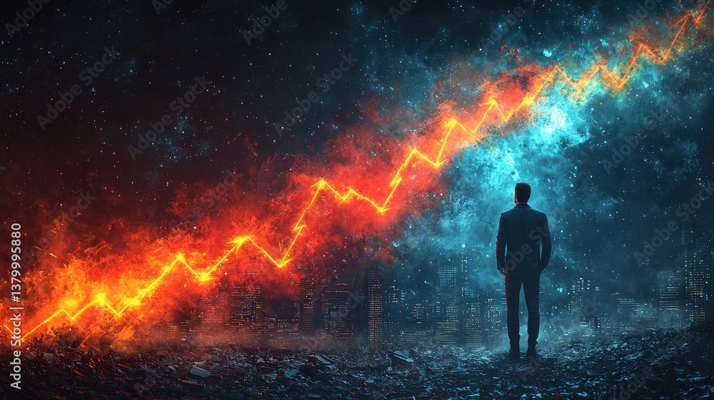 Silhouetted figure standing against a backdrop of a fiery surging market chart and a cosmic starry sky The image represents the challenges opportunities Silhouetted figure standing against a backdrop of a fiery surging market chart and a cosmic starry sky The image represents the challenges opportunities