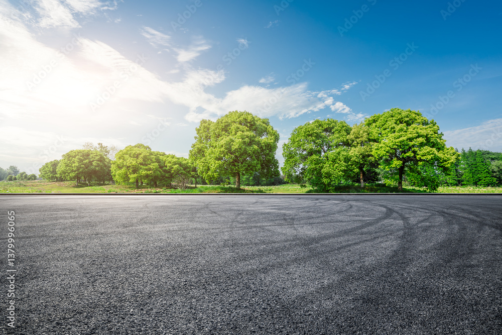 Asphalt race track ground with tire marks and green trees nature landscape