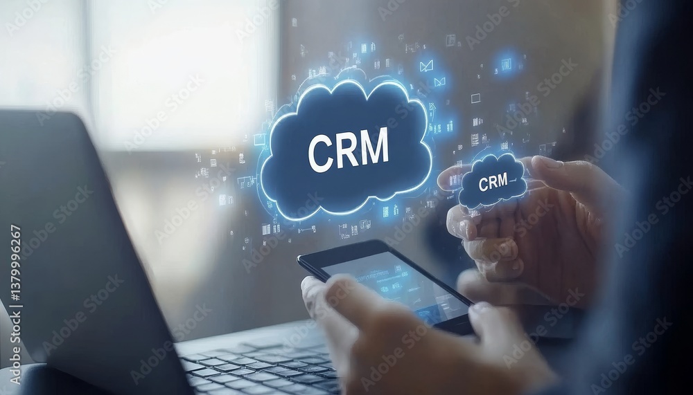 Naklejka premium Businessman Accessing Cloud-Based CRM Solutions with Mobile Device, Conceptualizing Mobility