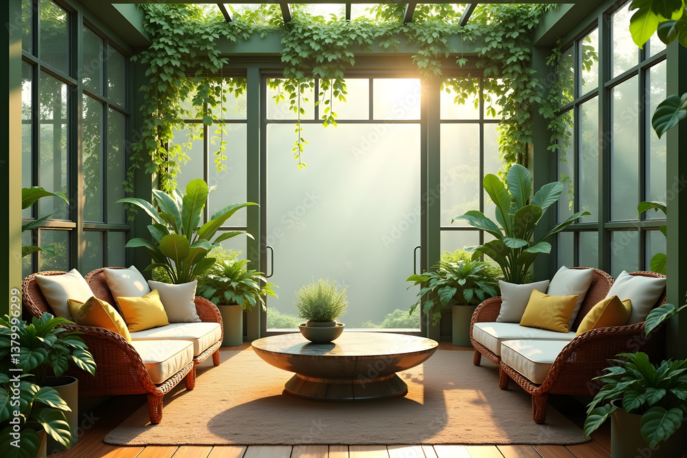 Fototapeta premium Nature-inspired sunroom with rattan sofas, climbing greenery, and soft daylight for a refreshing, eco-friendly hideaway