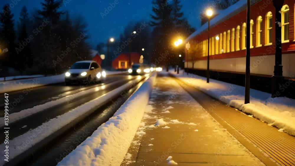 Winter evening train journey with blurred snowfall scenery Winter evening train journey with blurred snowfall scenery