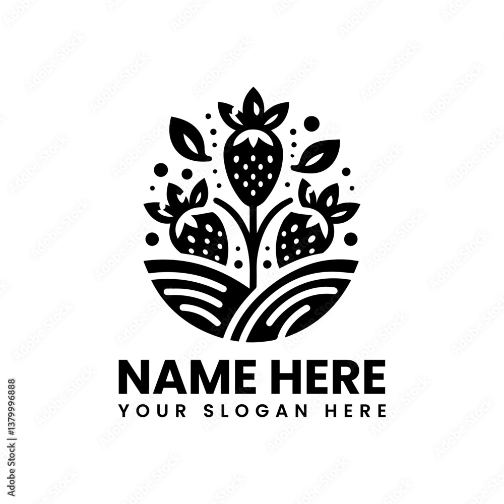 Fototapeta premium Stylized strawberry composition vector graphic. Abstract fruit design with leaves and dots