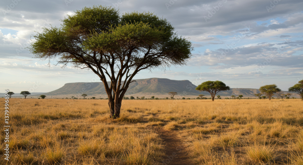 A wide landscape view of an acacia tree in the african savannah under a cloudy sky. A wide landscape view of an acacia tree in the african savannah under a cloudy sky.