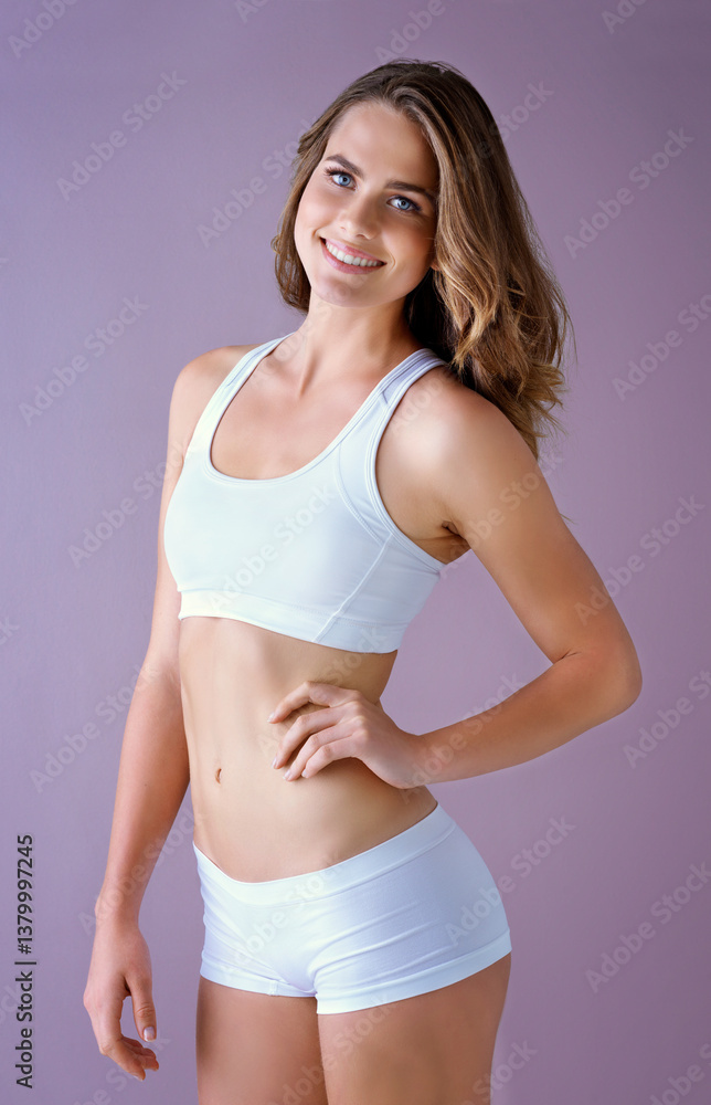 Studio, woman and portrait of body with underwear for weight loss, progress and healthy diet. Stomach, happy and female person with confidence for detox, slimming and self care on purple background Studio, woman and portrait of body with underwear for weight loss, progress and healthy diet. Stomach, happy and female person with confidence for detox, slimming and self care on purple background