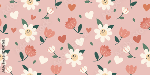 Seamless vector pattern featuring flowers and hearts in soft pastel colors, perfect for Mother's Day, floral designs, and spring-themed projects such as greeting cards, wallpapers, and fabric prints