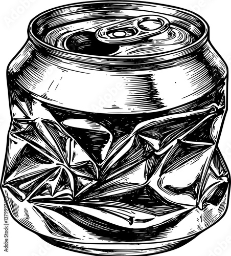 crushed soda can engraving black and white outline
