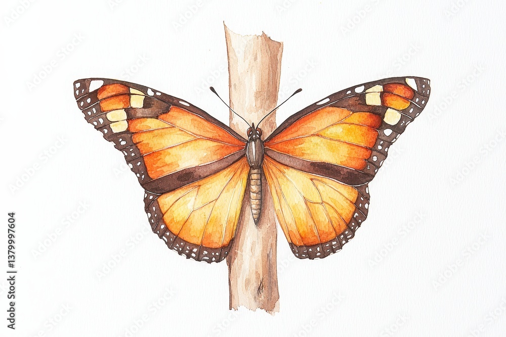 Fototapeta premium A watercolor illustration of a monarch butterfly resting, ideal for artistic and nature-themed projects.