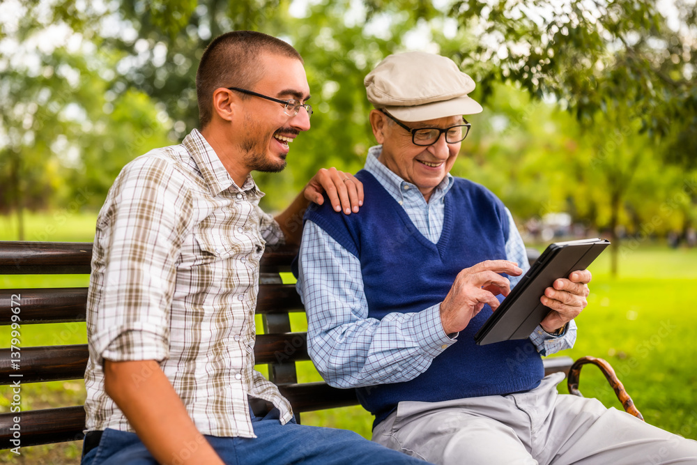 Obraz premium Portrait of happy grandfather and grandson in park. They are spending time together and using digital tablet.