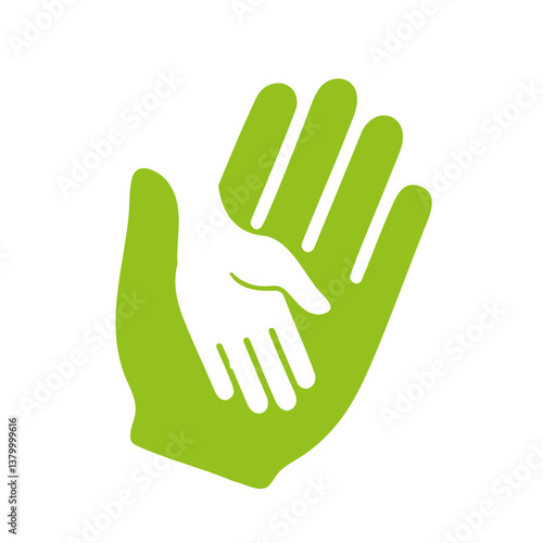 Minimalist green icon with a large hand and a small white hand inside, representing care, protection, and generational connection