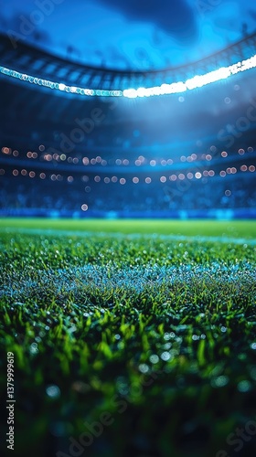 Nighttime football stadium with glowing field lights and a blurred crowd backdrop, capturing the energy of the game.