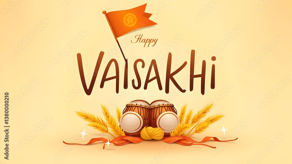 Naklejka premium Vibrant Happy Vaisakhi Celebration: Traditional Sikh Flag, Drums, Wheat, and Lassi Illustration for Harvest Festival Greetings