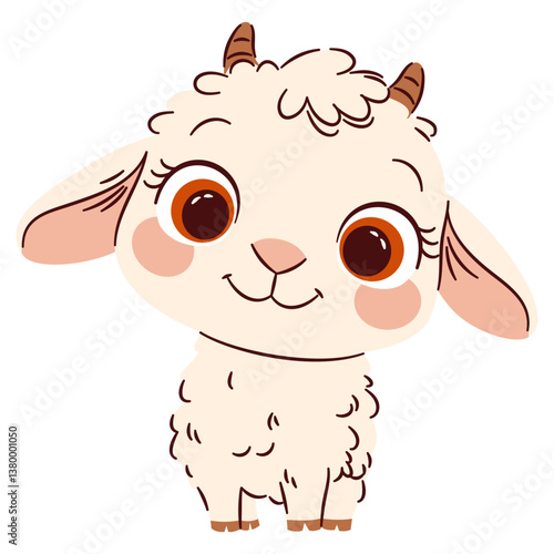 Flat vector illustration in a simple children's style. Cute baby goat with big eyes on white background . Vector illustration