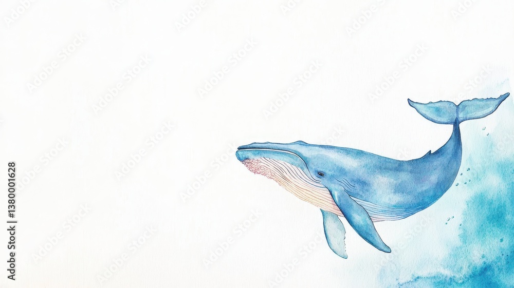Obraz premium A blue whale swimming through the ocean in a watercolor style illustration.